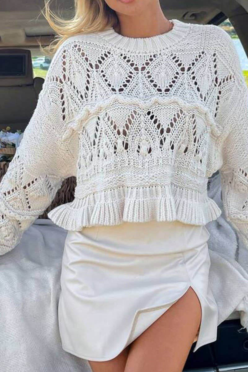 CWOSWL07627_CROCHET LONG SLEEVE ROUND NECK CROP SWEATER