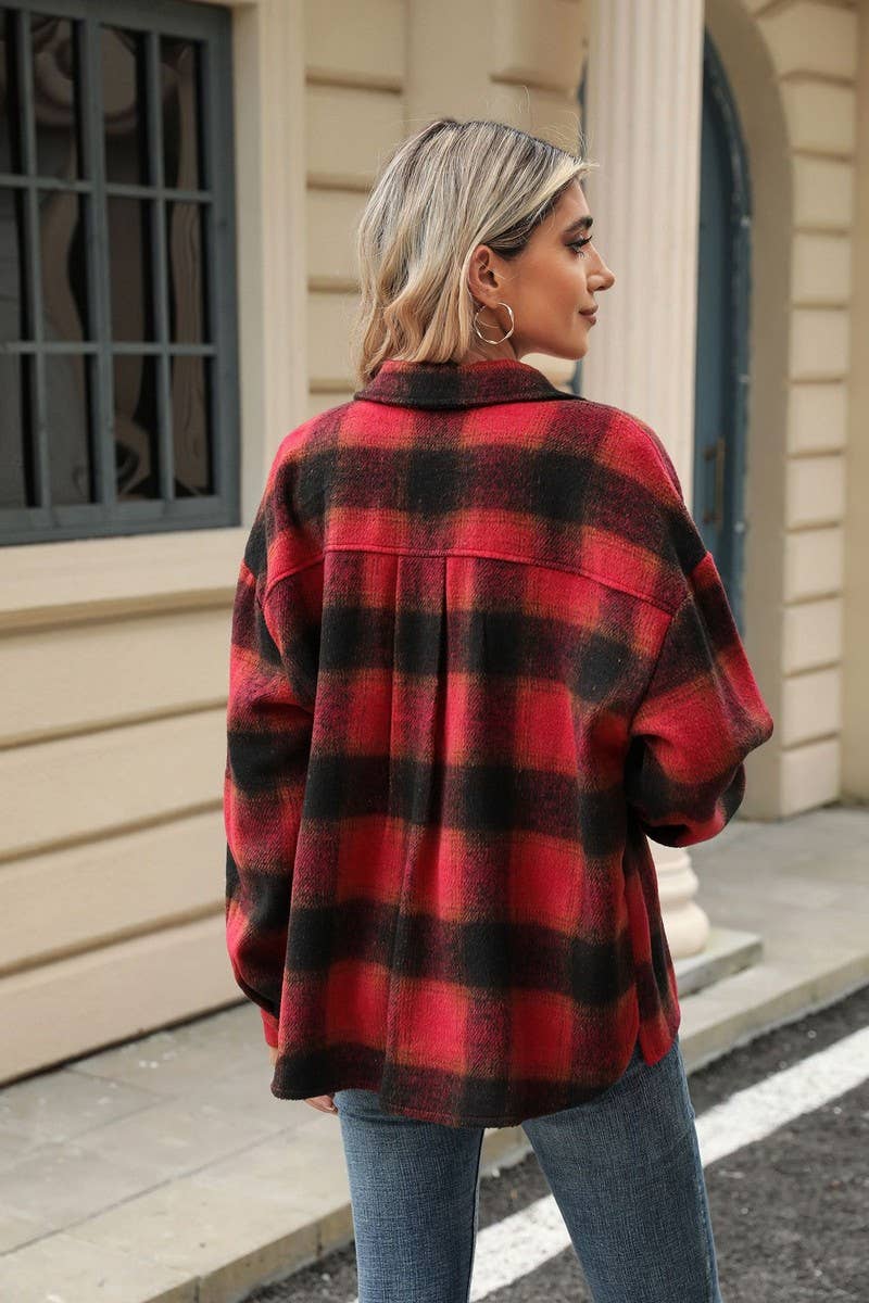 CWOCO0874_LONG SLEEVE LOOSE STRIPED PLAID CARDIGAN COAT