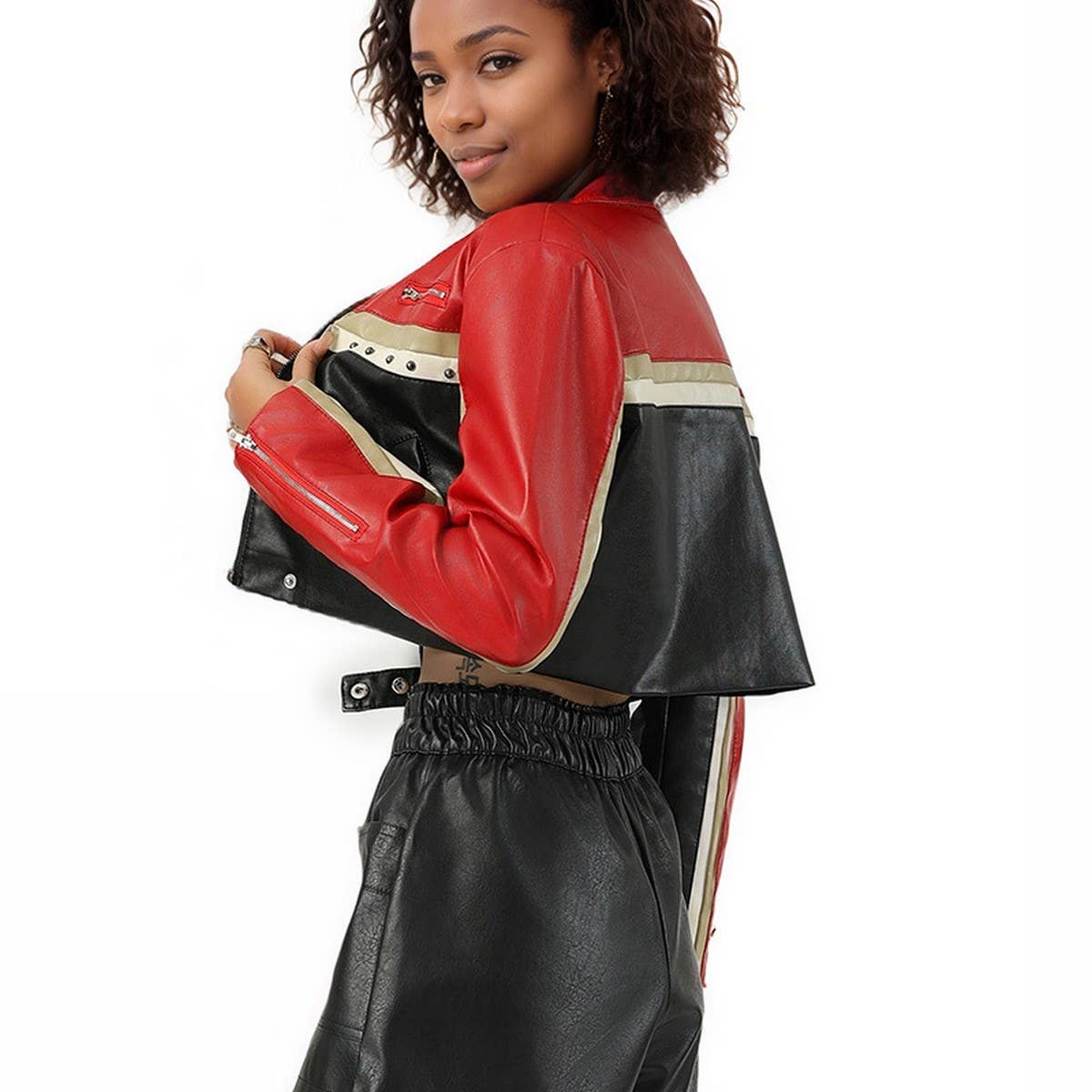 Cropped PU Moto Jacket Women Patchwork Stand Neck