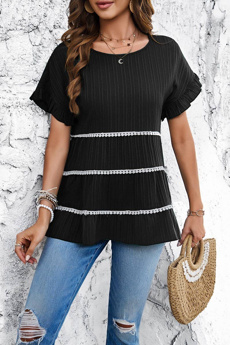 CWTBLL3612_SPRING AND SUMMER CASUAL LACE SHORT SLEEVE TOP