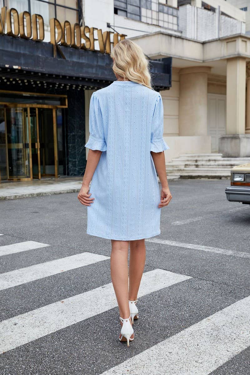 CWDSD7277_V-NECK CASUAL TRUMPET SLEEVE SHORT-SLEEVED DRESS