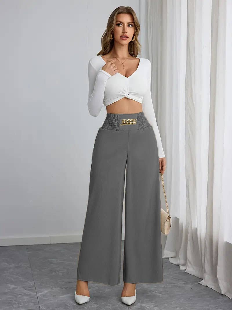 COMMUTER SOLID CHAIN SPANKING WIDE-LEG PANTS