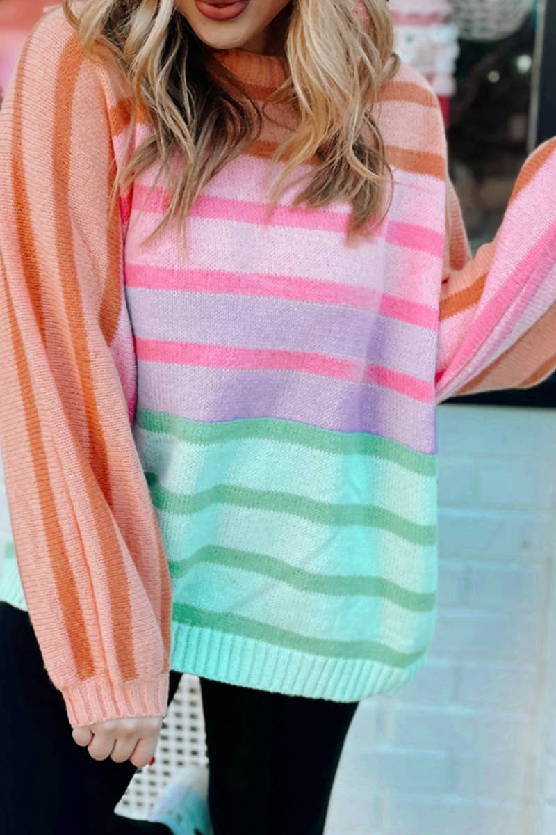 CWOSWL2760_CREW-NECK GRADIENT STRIPED LONG-SLEEVED KNIT TOP