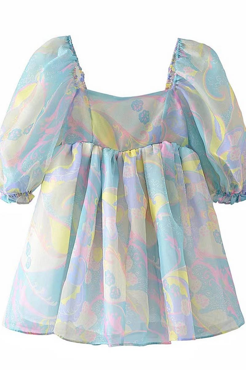 CWDSD8135_SWEET FLORAL TIERED MESH PUFF DRESS