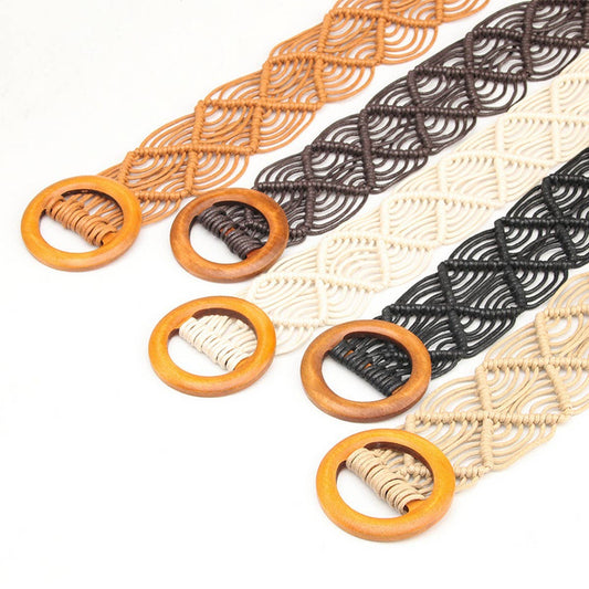 HANDMADE VINTAGE WOVEN BELT ROUND WOODEN BUCKLE_CWABE0408