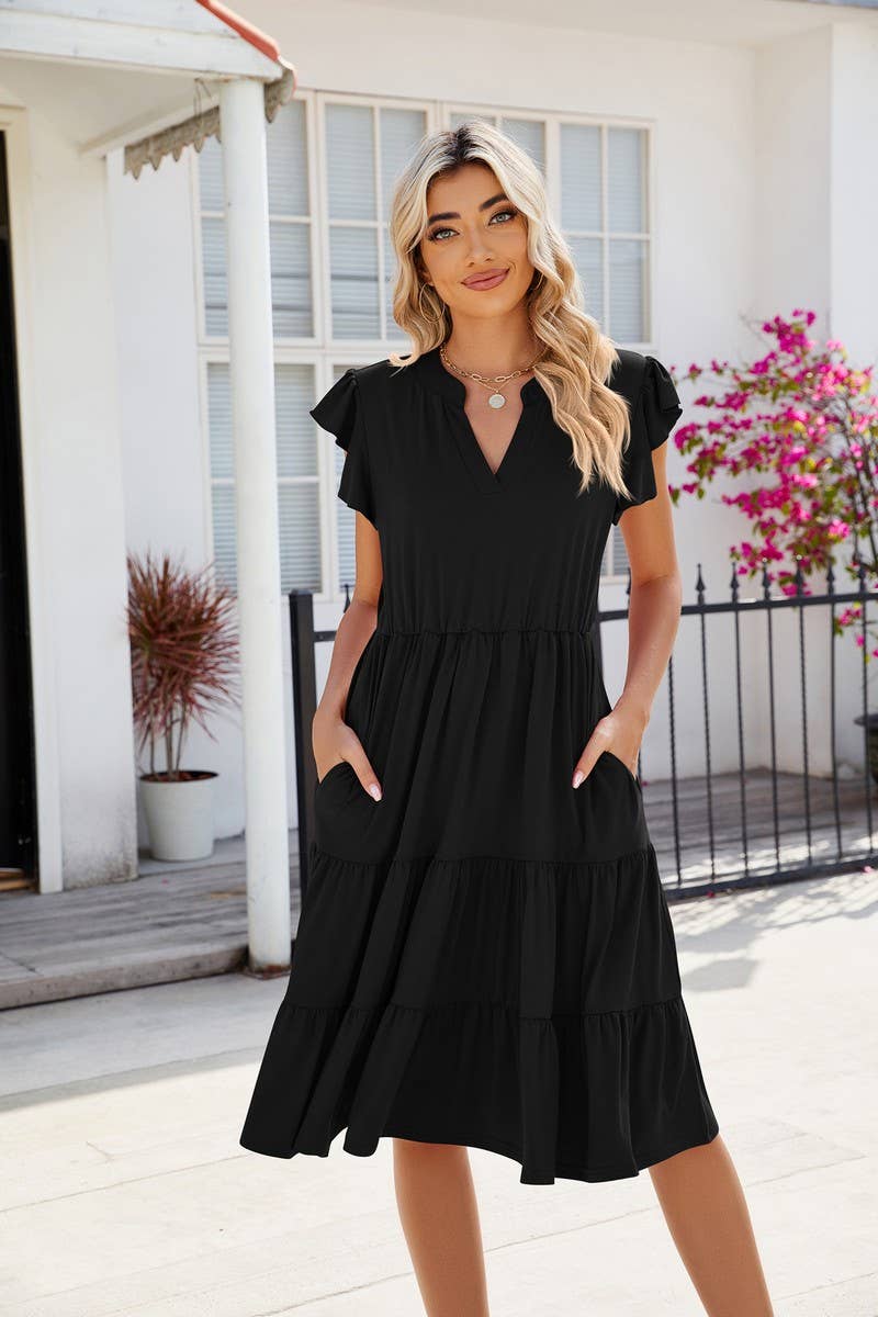 CWDMD2224_V-NECK RUFFLE SLEEVE SOLID COLOR CASUAL DRESS