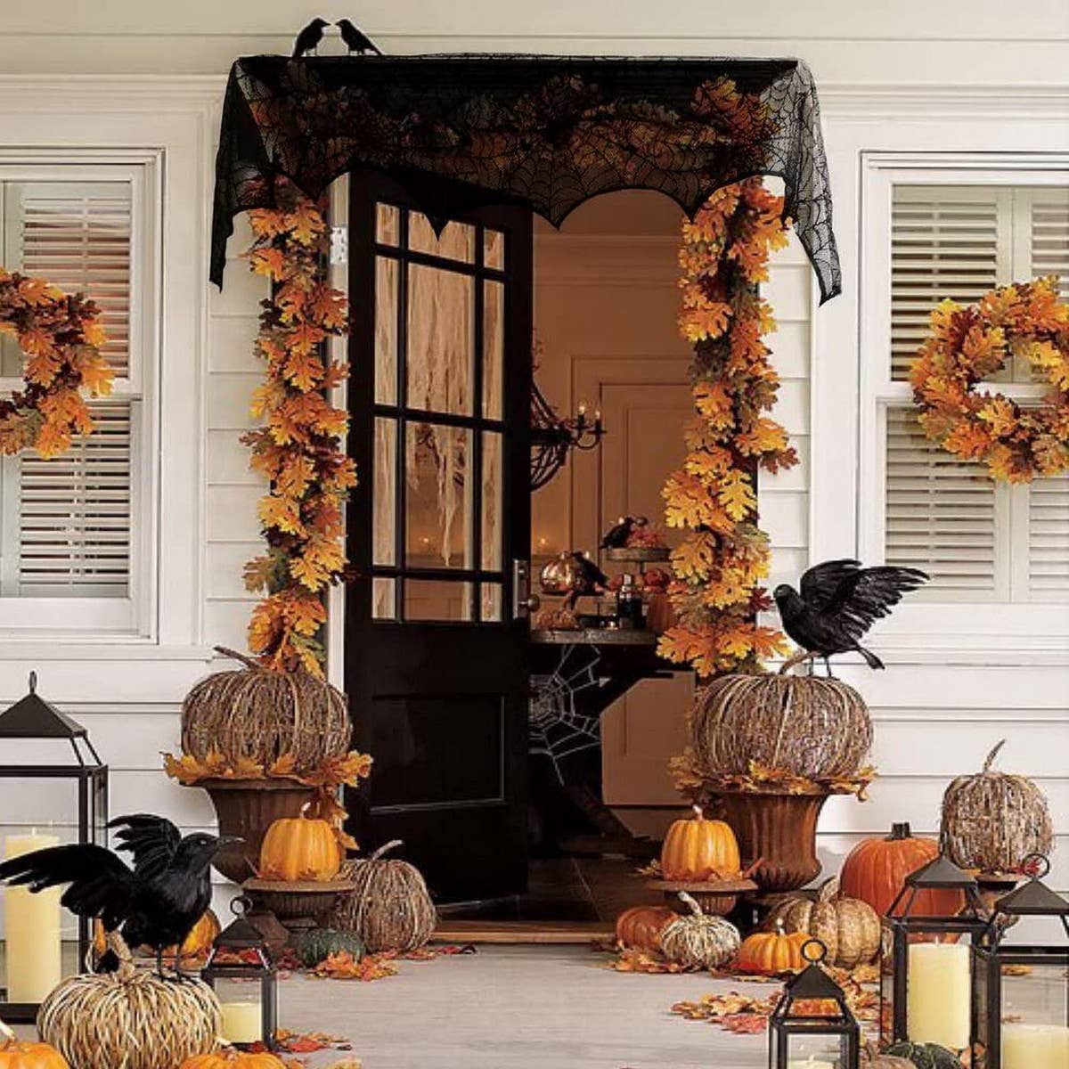 HALLOWEEN FIREPLACE LACE SKULL TABLE RUNNER