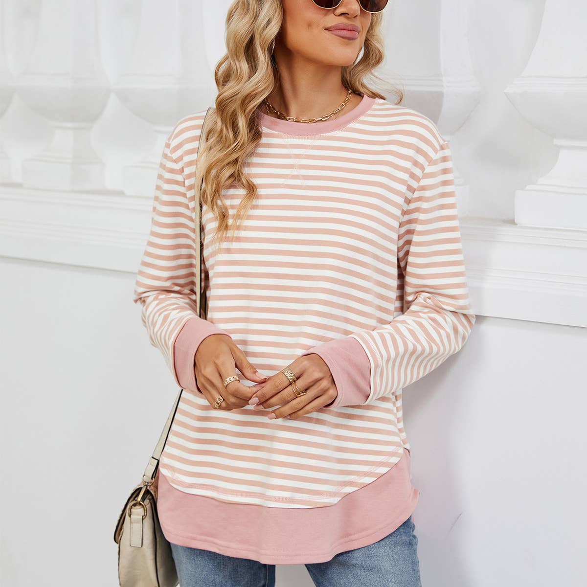 Crew-neck striped long-sleeved hoodie