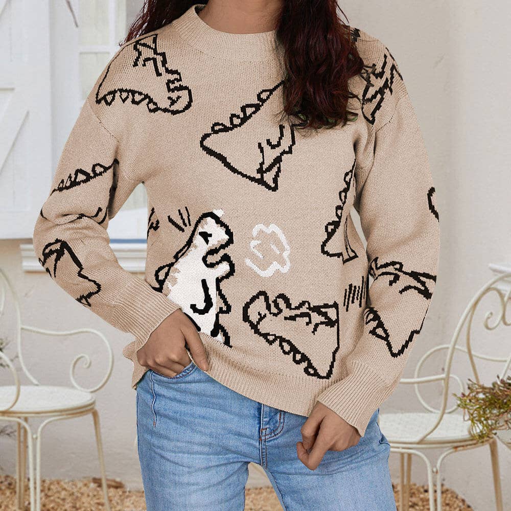 CREW-NECK LOOSE CARTOON DINOSAUR SWEATER