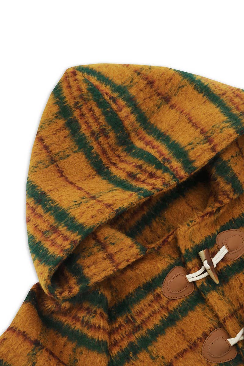 CWOCO0940_HORN BUTTON PLAID HOODED WOOLEN LONG COAT