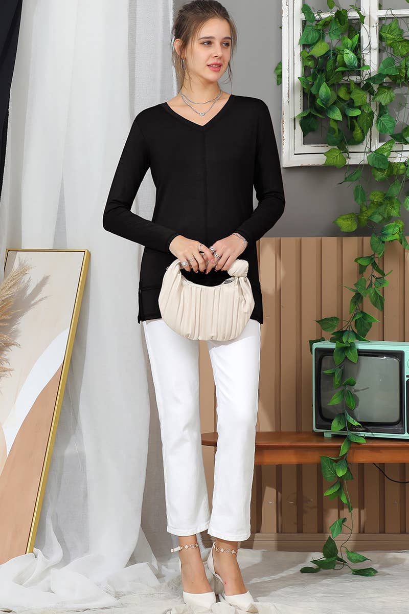 CWTTL968_LONG SLEEVE V NECK SIDE CUT OUT TUNIC TOP