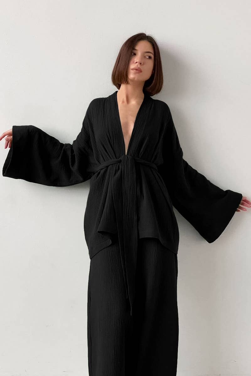 CWSPJ0081_LONG SLEEVE CARDIGAN WITH BELT PANTS PAJAMAS SET