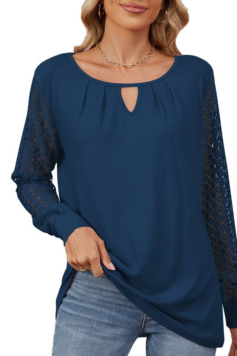 CWTBLL2366_SOLID COLOR LACE PATCHWORK LOOSE LONG-SLEEVED TOP