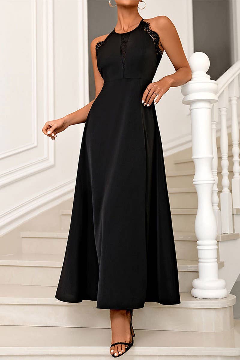 CWDHL0778_LACE HALTERNECK LONG HIGH SLIT EVENING DRESS