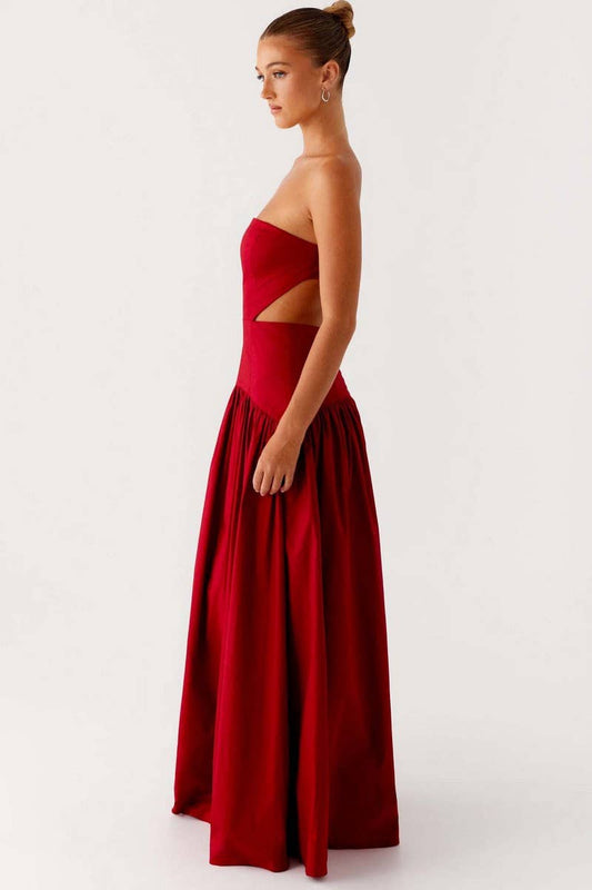 CWDTD0482_STRAPLESS RUCHED BACKLESS PATCHWORK DRESS