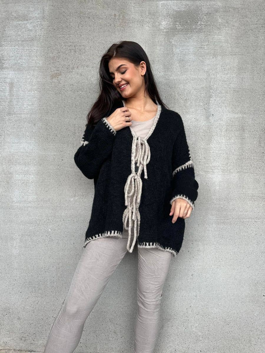 Color-blocking bow knitted cardigan