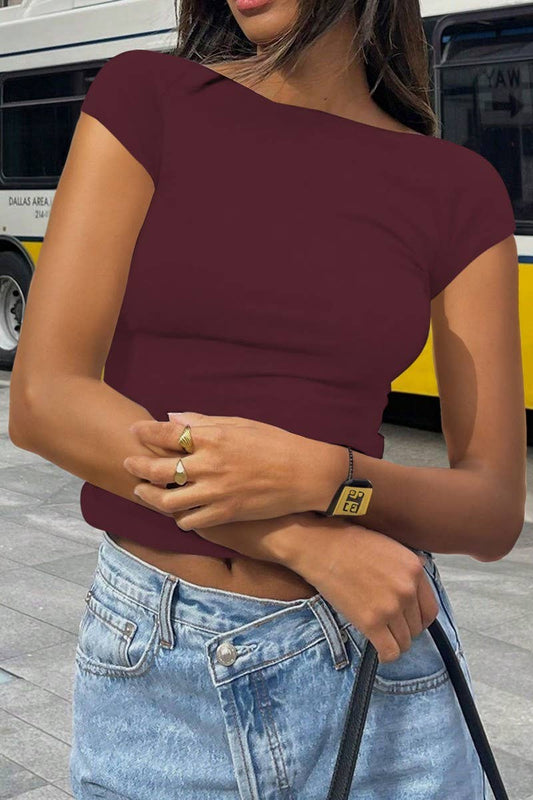 CWTBLS1584_ROUND NECK OPEN BACK SHORT SLEEVE TOP