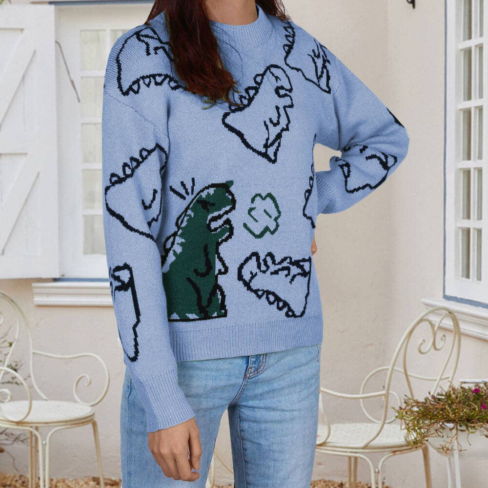 CREW-NECK LOOSE CARTOON DINOSAUR SWEATER