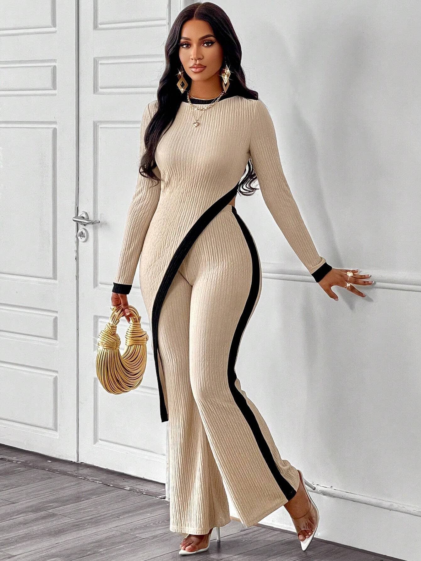 COLOR CONTRAST SLIT T-SHIRT STITCHING PANTS SET