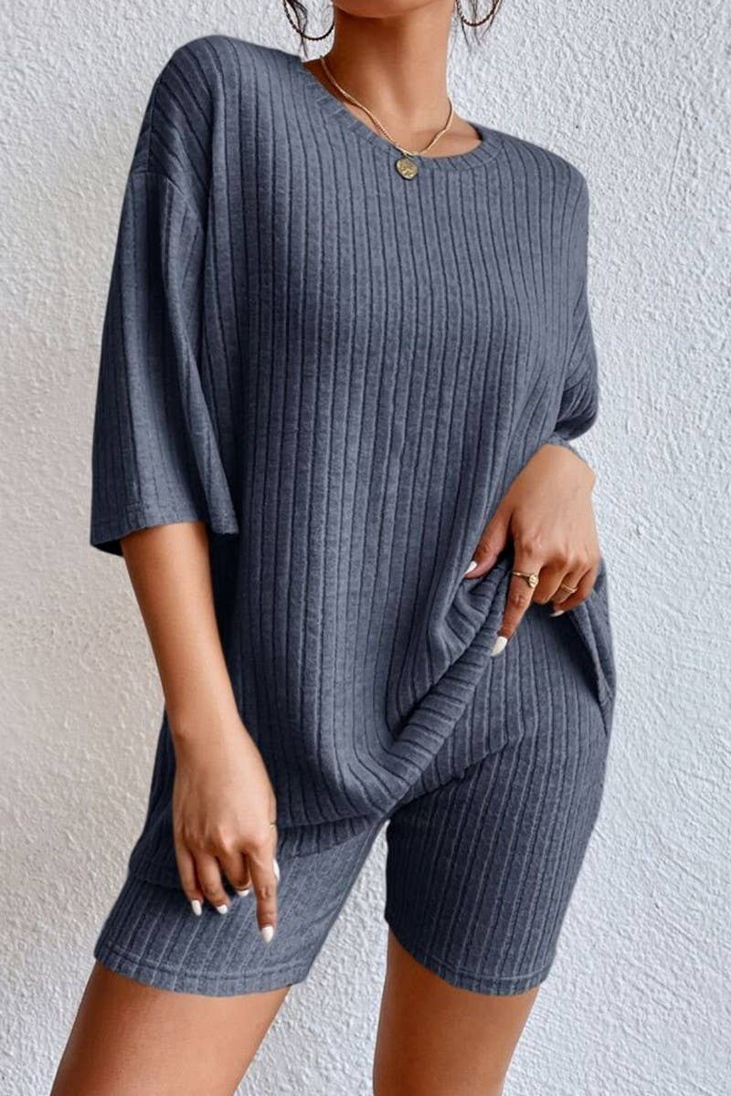 CWSTB1361_SOLID COLOR ROUND NECK LOOSE TOP AND SHORTS SET