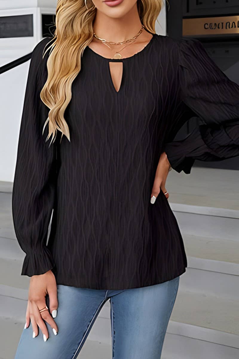 CWTBLL2851_SOLID COLOR JACQUARD ROUND NECK LONG SLEEVE TOP