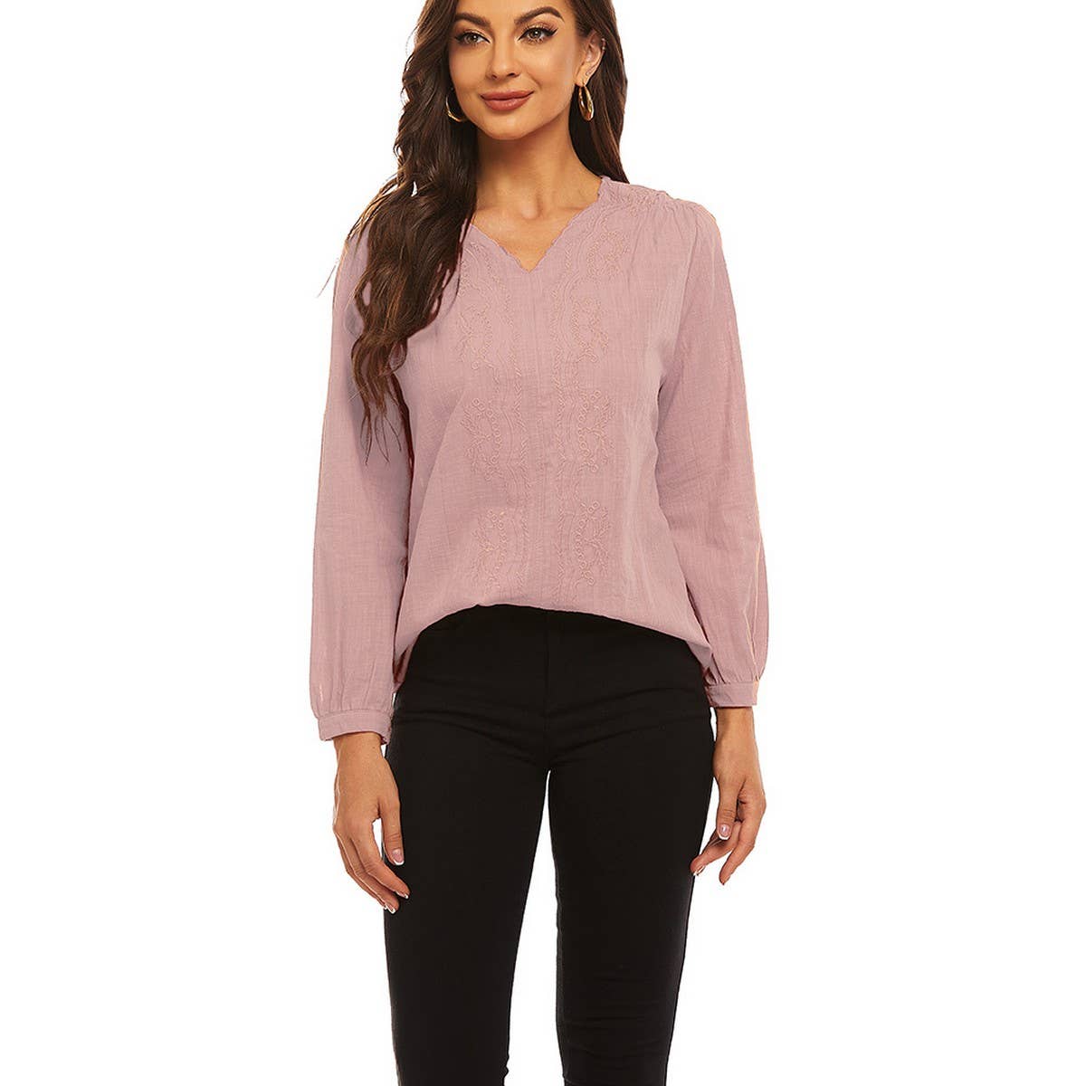 Cotton linen V-neck loose long-sleeved casual top