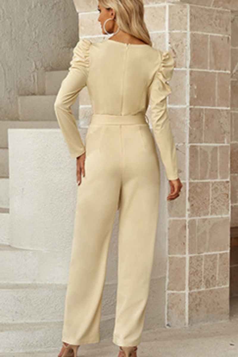 CWSJS1098_V-NECK LONG SLEEVED WAIST ONE-PIECE PANTS