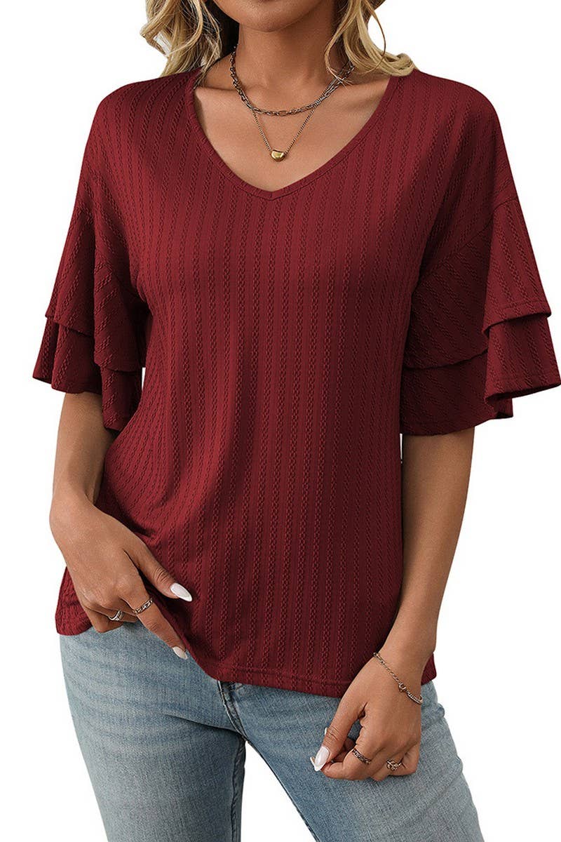 CWTBLS1713_SOLID COLOR V-NECK LOTUS SLEEVE T-SHIRT TOP