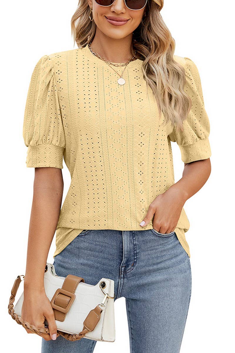 CWTBLS0615_ HOLLOW PUFF SLEEVES SHORT SLEEVED BLOUSE TOP