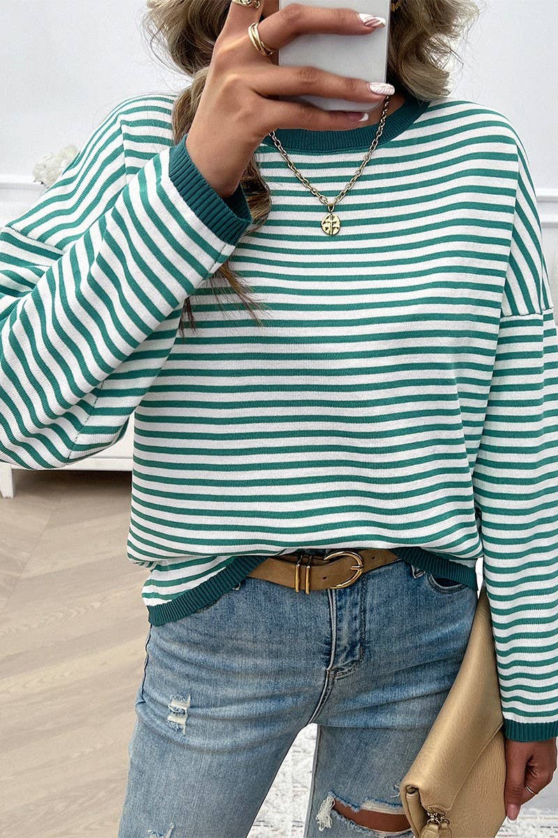 CWOSWL2129_CASUAL ROUND NECK STRIPED KNITTED SWEATER