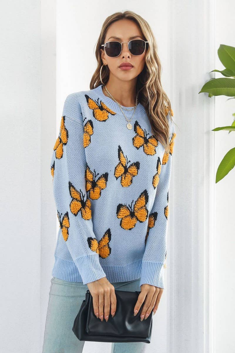 CWOSWL3964_3D BUTTERFLY JACQUARD CREWNECK KNITTED SWEATER