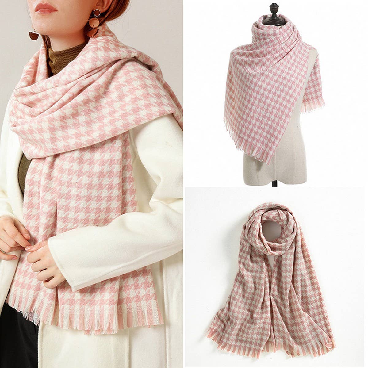WINTER WARM LATTICE LARGE SCARF FRINGE SHAWL