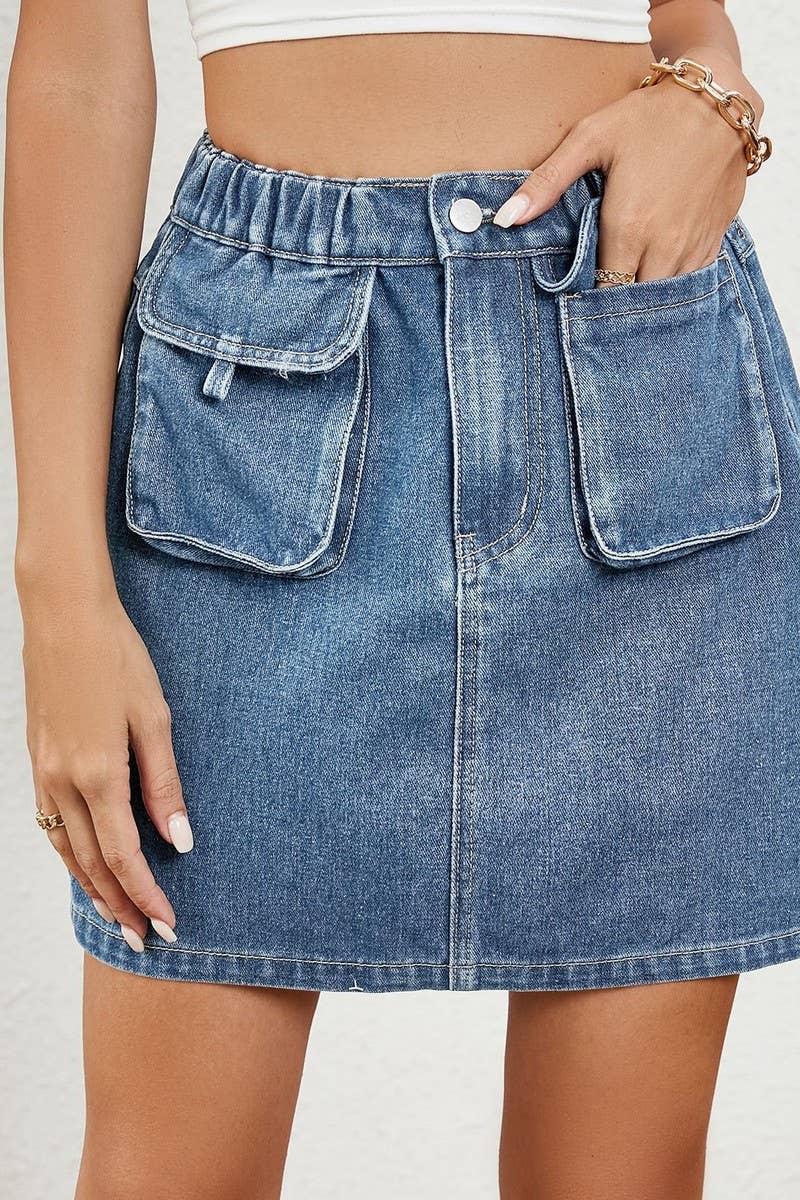 CWJSK00233_WASHED ELASTIC WAIST DENIM MINI SKIRT