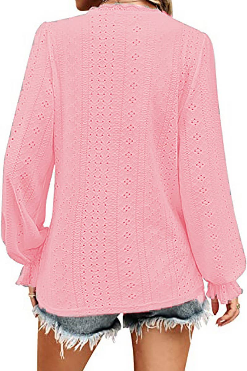 CWTBLL1046_V-NECK SOLID COLOR HOLLOW CASUAL LONG-SLEEVED TOP