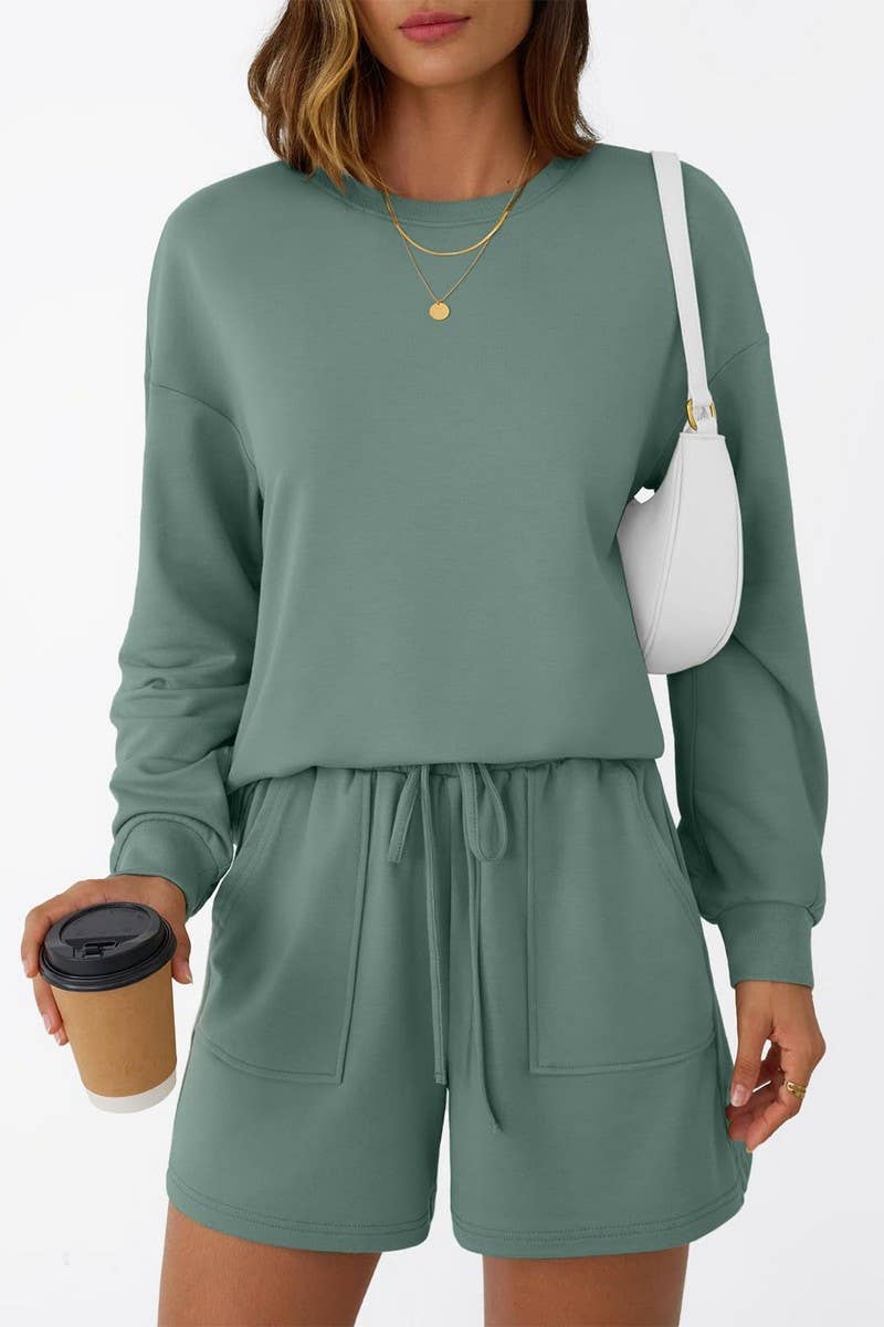 CWSTB00405_CREW NECK LONG SLEEVE SHORTS TWO-PIECE HOODIE SET