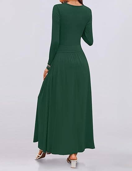 CREW NECK PLEATED POCKET SLIM LONG-SLEEVE DRESS