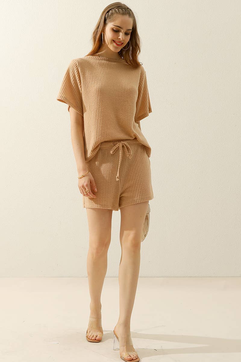 CWSTB274-P_SOLID WAFFLE KNIT TEE TOP & WAIST SHORTS SET