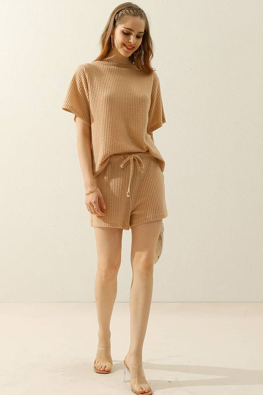 CWSTB274_SOLID WAFFLE KNIT TEE TOP & DRAWSTRING WAIST SHORTS