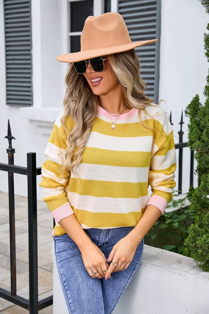 CWOSWL3111_STRIPED CONTRAST LONG-SLEEVED KNITTED PULLOVER