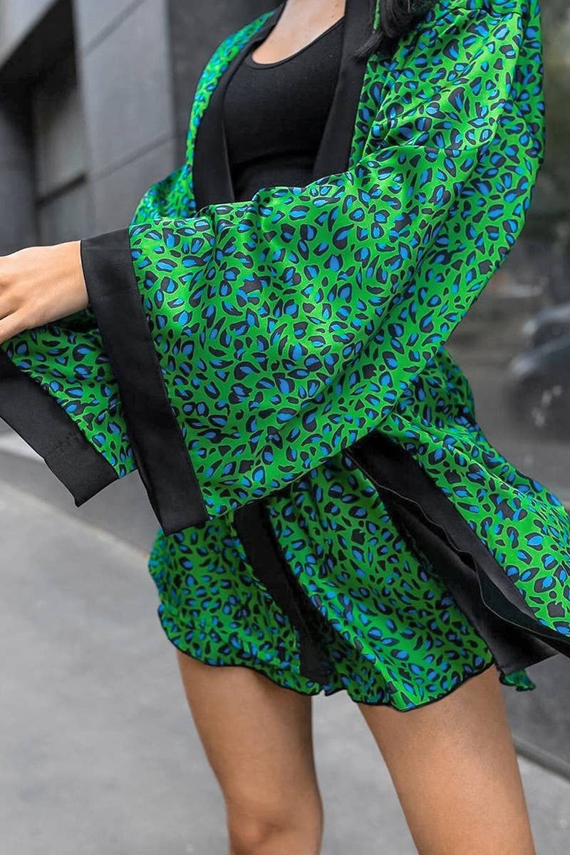 CWSPJ0395_SATIN PRINT CARDIGAN ROBE SHORTS TWO-PIECE SET