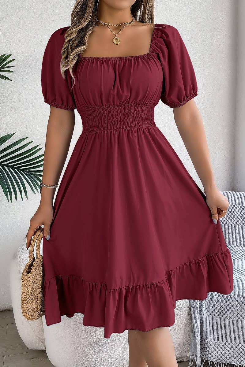 CWDSD4632_SQUARE NECK SHORT SLEEVE WAIST PEPLUM DRESS