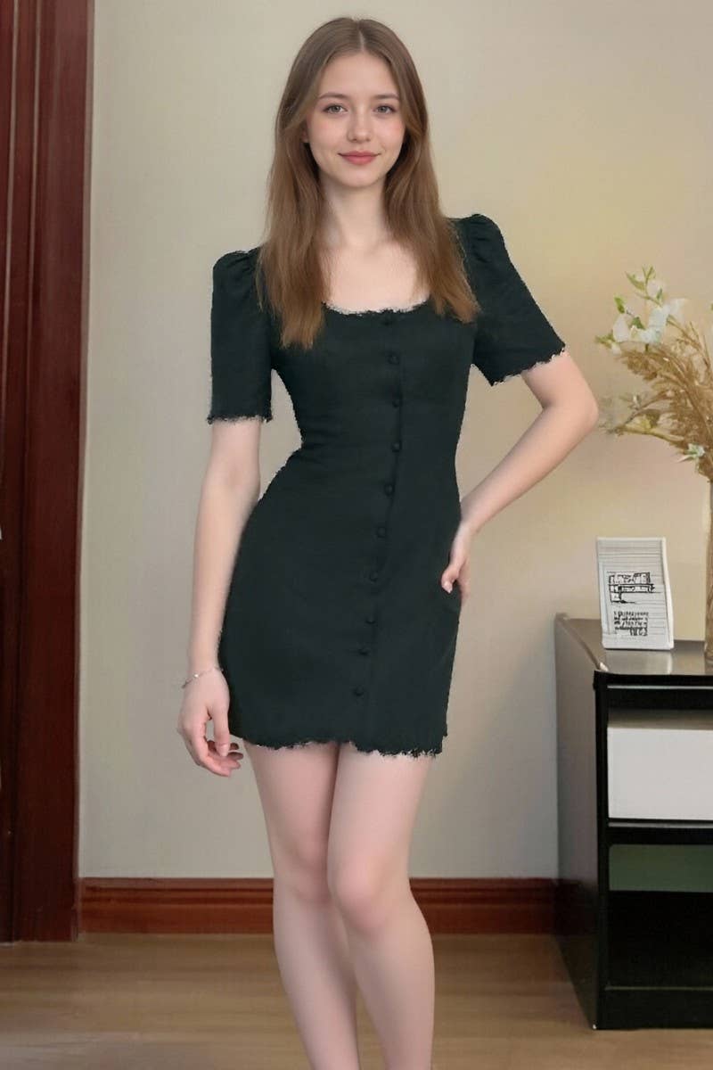 CWDSD8865_SQUARE NECK BUTTON FRONT SHORT SLEEVE MINI DRESS