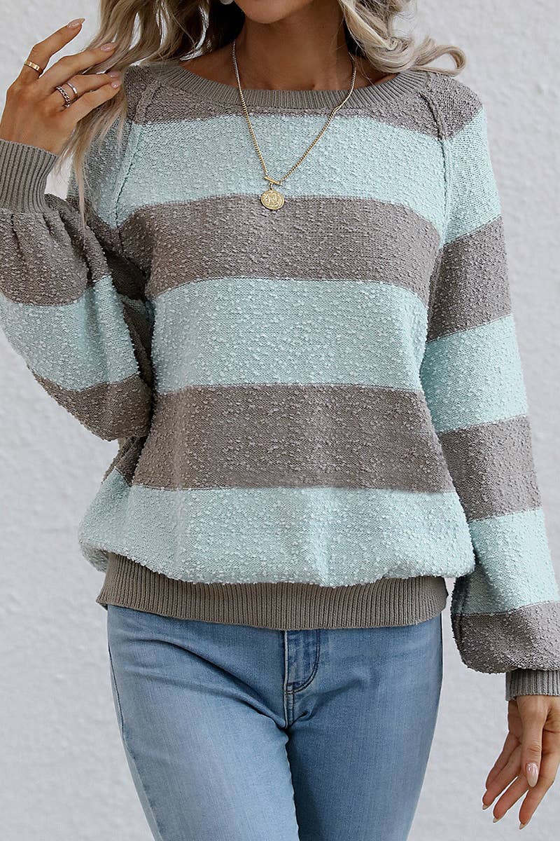 CWOSWL615 Off Shoulder Striped Neck Pullover Sweater