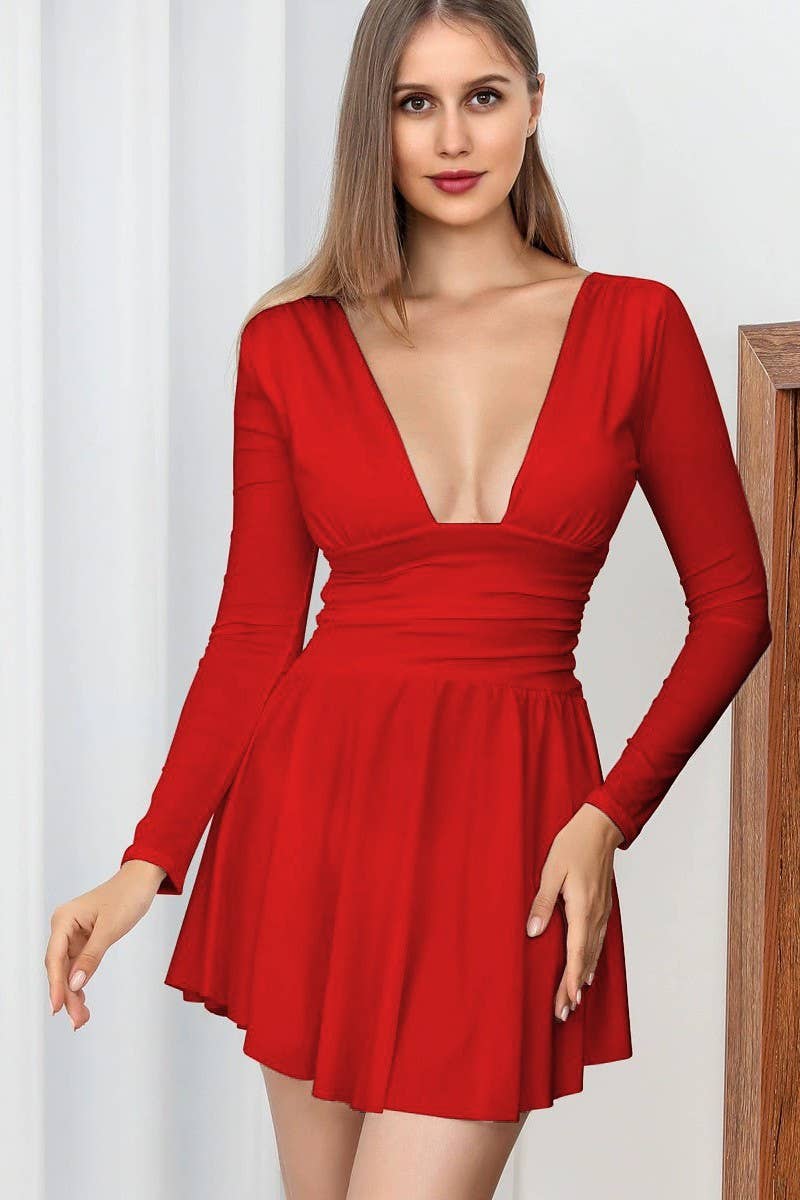 AUTUMN WINTER DEEP V PLEATED BODYCON DRESSCWDSD10783