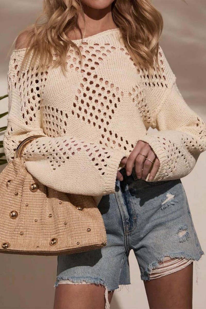 CWOSWL6870_CHIC OFF SHOULDER HOLLOW OUT KNIT SWEATER