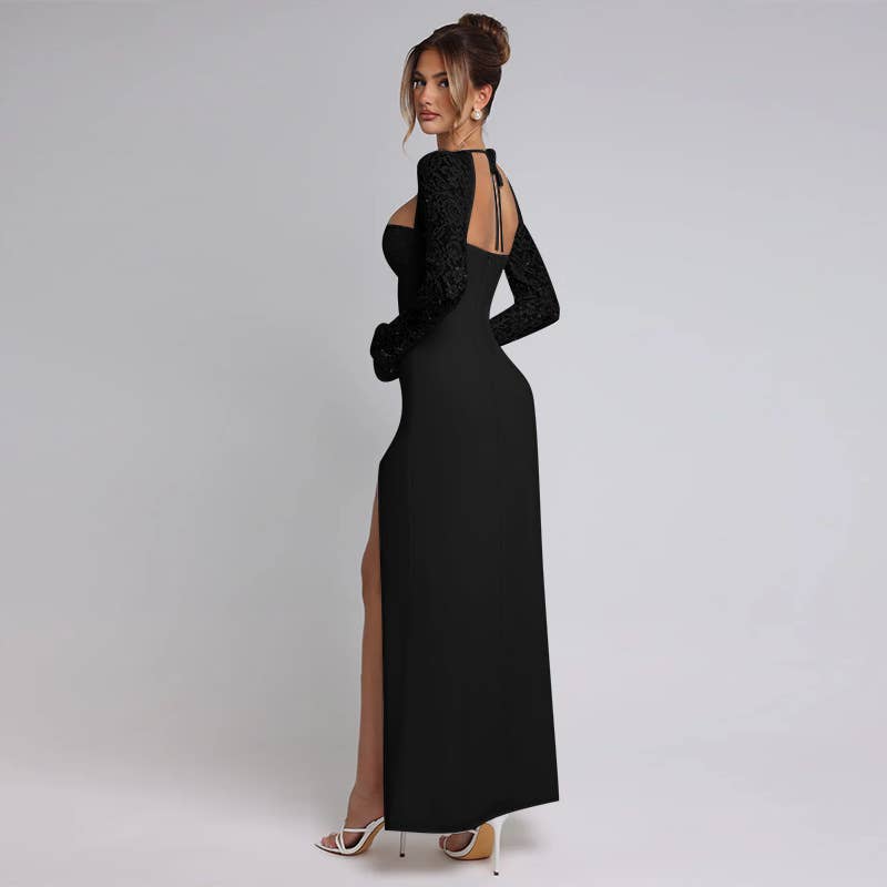 A slim high-slit lace patchwork fashion dress