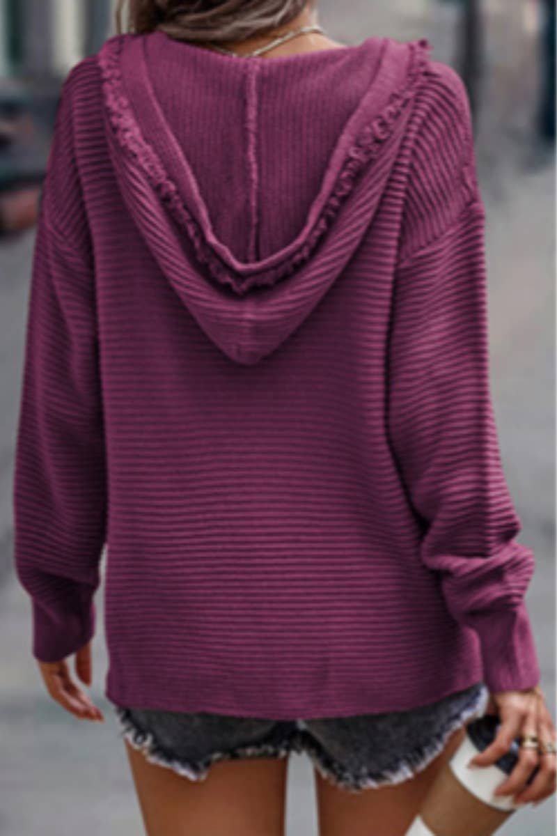 CWOHOL1038_V-NECK HOODED LONG-SLEEVED FUR-TRIMMED HOODIE