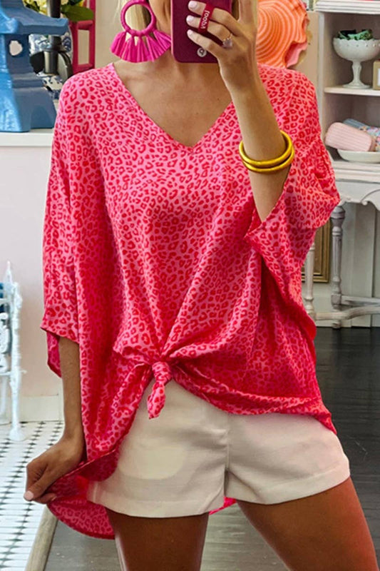 CWTBLS1406_CHIFFON V-NECK MID-SLEEVE LEOPARD PRINT TOP