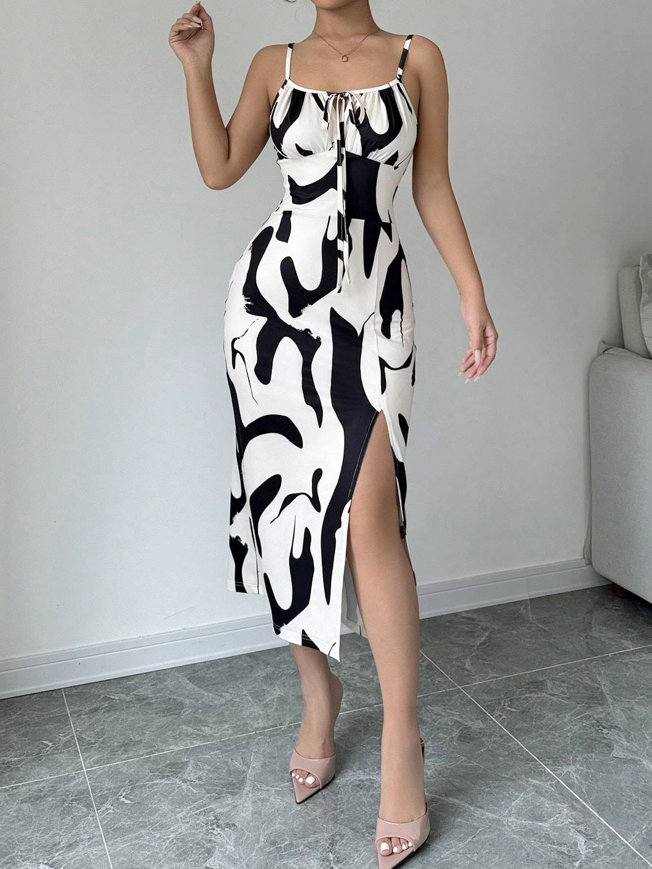 Chic Cow Print Sleeveless Midi Dress with Straps