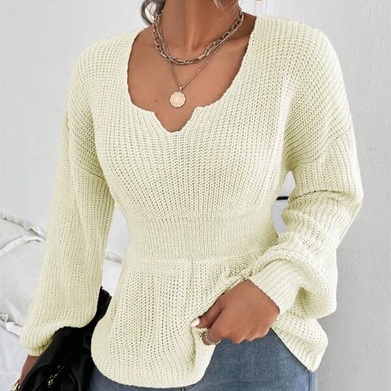 FASHION V-NECK LONG SLEEVE RUFFLED WAIST KNIT